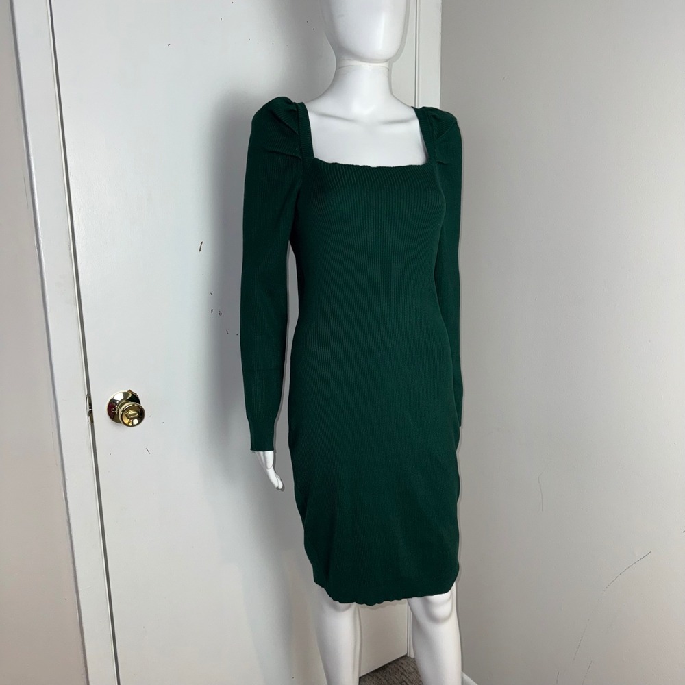Dark Green Ribbed Knit Bodycon Dress Square Neck Puff Sleeve Tie Back Midi Large
